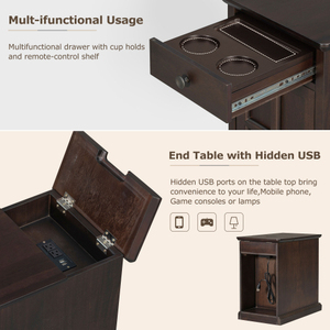 Vintage Espresso bijzettafel met USB-oplaadstation en bekerhouderlade, multifunctionele bijzettafel voor de woonkamer - Product Image 5