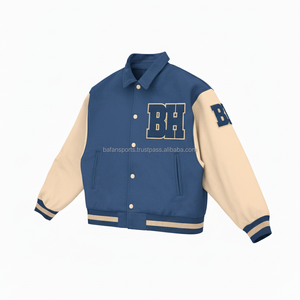 Chaqueta universitaria GSM 420 de mezcla de lana Premium, cuerpo azul, mangas Beige, logotipo bordado de chenilla personalizado, chaquetas universitarias para mujer - Product Image 4