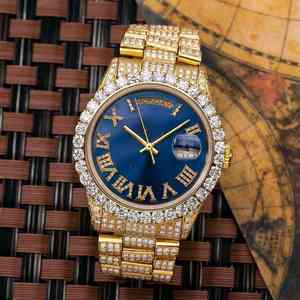 Reloj de Alta Calidad con Esfera Azul de Cristal y Acero Inoxidable, Marcador de Hora con Diamante Moissanite, Diseño de Oro Amarillo con Incrustaciones, Estilo Hip Hop de Lujo - Product Image 4