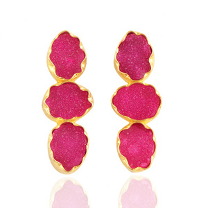 Estilo más lindo Aspecto caliente Forma de huevo Azúcar Rosa natural Druzy Chapado en oro Pendiente de gota Nuevos pendientes de moda para niñas - Product Image 1