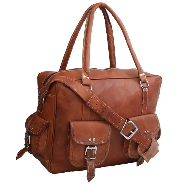 Export Quality Genuine Leather Vintage Messenger Bag Brown Travel Luggage Gym Handmade Many Pocket Crossbody Goat Leather Bags