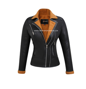 2024 nouveau Design femmes en cuir véritable couleur noire veste d'hiver col rabattu respirant Viscose Sherpa doublure OEM vente en gros - Product Image 1