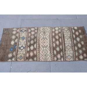 Turkish Vintage Small Rug 1.7x4 ft, <b>Brown</b> Blue Polka dot <b>Wool</b> Rug - Product Image 4