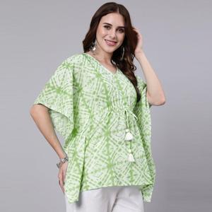 Robe kaftan en coton à imprimé tie-dye vert clair avec taille naturelle - SHKUP1208 - Product Image 4