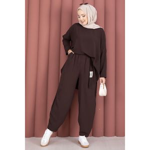 Ensemble décontracté d'été 2 pièces avec détails Armor, en denim couleur café, comprenant un haut ample et un pantalon large, taille XS, motif uni, ensemble court - Product Image 4