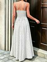 Robe longue décontractée pour femme à pois naturels, coupe trapèze, bretelles spaghetti, décolleté en V profond, détails perles, respirante, fluide et ample