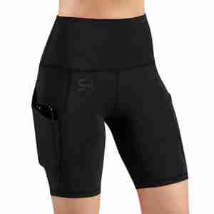 Shorts de sport noirs taille haute pour femme avec poches latérales, séchage rapide, coupe sportive, pour entraînement et yoga - Product Image 5