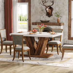 <span class=keywords><strong>Tavolo</strong></span> da Pranzo Convertibile in Legno da 47 Pollici per 4 Persone, Design Moderno, <span class=keywords><strong>Tavolo</strong></span> da <span class=keywords><strong>Cucina</strong></span> Rettangolare Bianco con Piedistallo a V <span class=keywords><strong>Marrone</strong></span> Rustico per Hotel - Product Image 4