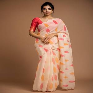 Saree de lino suave y pesado de primera calidad con impresión digital multicolor y trabajo Arco en una pieza de blusa a juego perfecta - Product Image 1