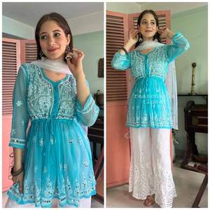 Présentation du nouveau designer Party Wear Georgette Heavy Real Mirror Work avec haut brodé et palazzo avec travail séquentiel Dupatta - Product Image 4