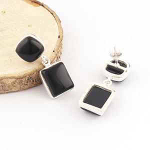 Delicate gift jewelry black onyx double gemstone stud <b>drop</b> earring brass silver plated lightweight party wear jewelry earring - Product Image 3