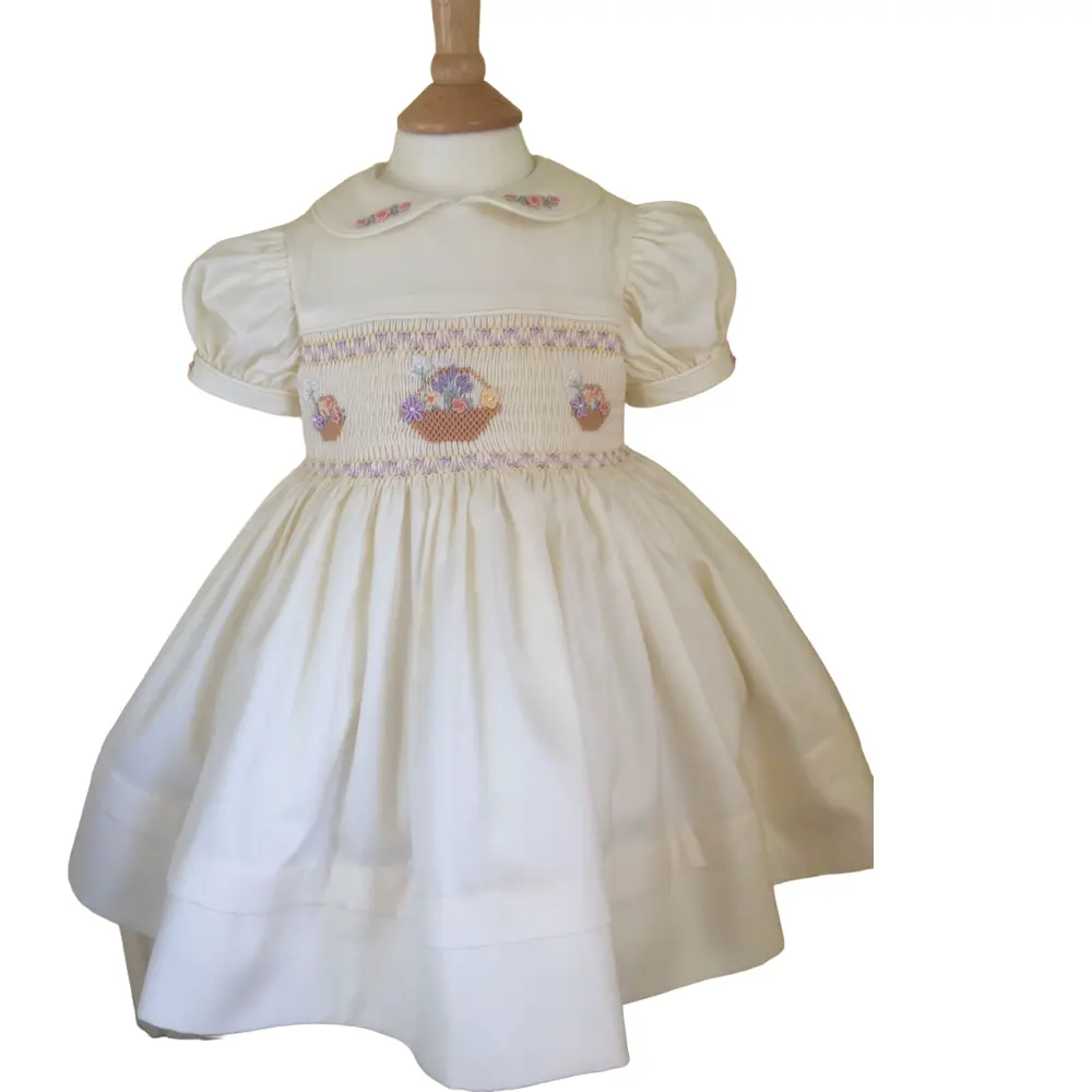 Wholesale Custom High Quality Summer Short Sleeve Baby Cotton Dress handmade Smocking and embroidery