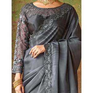 Robe de soirée en satin gris brodé étonnante, tenue de soirée, sari avec chemisier - Product Image 2