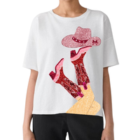 Kaos Wanita Lengan Pendek Rodeo Gaya Koboi Barat Bordir Payet Patchwork Musim Panas Siap Kirim, Nyaman dan Bernapas