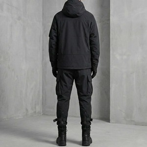 Wholesale OEM High Quality <b>Black</b> 100% Cotton Acid Wash Printed Hooded Vintage Tracksuit <b>Men</b> Multi Cargo Pockets Tactical Jogger - Product Image 2