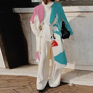 Женское длинное пальто с абстрактным принтом, элегантный кардиган с длинным рукавом, верхняя одежда для осени и зимы