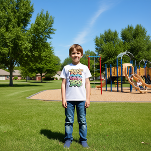 T-shirt divertente per ragazzi con design cristiano e tocco umoristico, promozionale, che incoraggia la fiducia in Dio - Product Image 3