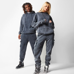 Vente en gros, personnalisation, ensemble 2 pièces unisexe pour homme et femme, hiver, à capuche, délavé à l'acide, nouveau style, coton, molleton français, lourd, pull - Product Image 3