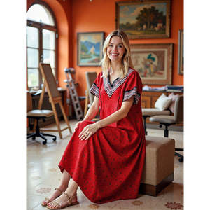 Robe de nuit longue décontractée en coton pour femme Evolve, en popeline tissée, avec poches latérales et manches courtes, douce et pleine longueur - Product Image 2