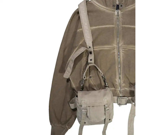 Custom Men's Oversized Zipper-Up Detachable Harness <b>Cargo</b> <b>Bag</b> Faded Washed Color Hip Hop Crop Hoodies with Embroidered Technics - Product Image 3