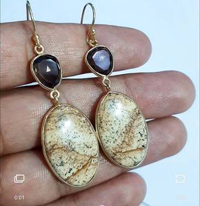 Awesome 925 Silver <b>Gold</b> Plated Dangle Earring Oval Shape Bezel <b>Set</b> 10X25mm Ocean Jasper Gemstone for Wedding Gift Trendy <b>Jewelry</b> - Product Image 1
