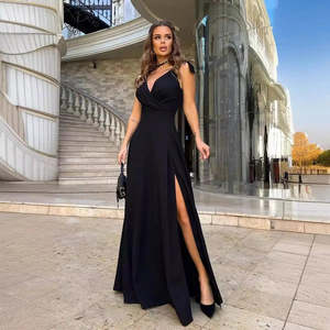 Vestido largo de crepé brillante con abertura, cuello cruzado y lazo en el hombro sin mangas para mujer, 35013 - Negro - Product Image 3