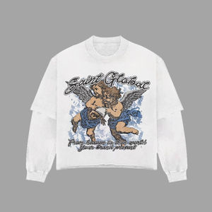 100% ropa de calle de algodón gráfico Boxy Waffle Hip Hop de alta calidad para hombres de doble capa de manga larga de gran tamaño camiseta de gran tamaño - Product Image 2