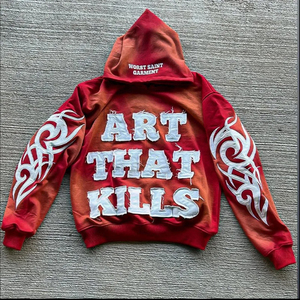 Conjunto de Sudadera con Capucha y Pantalones Deportivos Rojos para Hombre, Diseño Personalizado Worst Saint Garments, Estampado Art That Kills, Ropa Deportiva Urbana, Manga Larga con Cordón Ajustable - Product Image 5