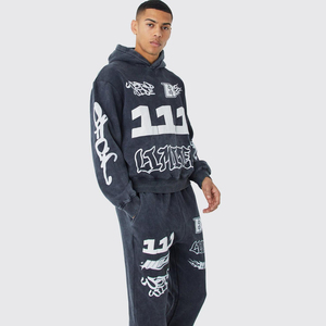 Ensemble de survêtement personnalisé en éponge française délavé à l'acide pour hommes, pantalon de survêtement évasé tout imprimé, sweat à capuche, vêtements d'hiver vintage - Product Image 1