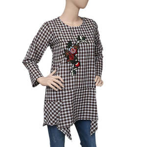 Top a cuadros estilo western para mujer - Marrón y blanco - Product Image 1