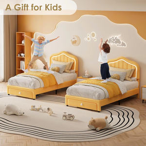 Cama Completa para Niños TRIHO-HB-058 con Luces LED y Cajón, Cabecera Tapizada en Terciopelo, Muebles para Dormitorio Infantil, Sin Somier - Product Image 3