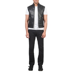 Veste en cuir matelassé vintage personnalisée manteau d'hiver élégant avec conception sans col pour la moto pour hommes - Product Image 1