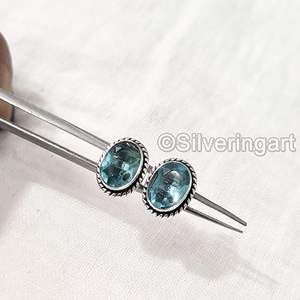 Pendientes de Botón para Mujer, Topacio Azul Natural, Regalo de Navidad o San Valentín, Joyería Hecha a Mano, Plata de Ley 925 - Product Image 6