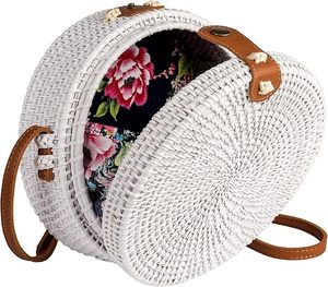 Bolso Bandolera Redondo de Ratán Hecho a Mano con Correa de Cuero, Bolso de Mano de Mimbre Ecológico para Mujer - Product Image 4