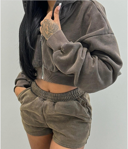 Nouveau personnalisé printemps été femmes 2 pièces short ensemble coton français éponge décontracté sexy zip up crop survêtement à capuche pour les femmes - Product Image 1