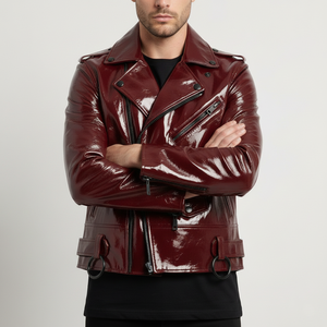 Blouson Moto Rouge Cerise Brillant avec Accents Noirs – Blouson Biker Rouge Verni Designer Ultra Brillant - Product Image 4
