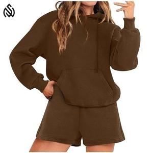 Women's Casual Solid <b>Above</b> Knee Two-Piece Cotton Sweat Shorts and Hoodie Set Breathable - Product Image 4