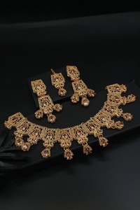 Ensemble de bijoux rétro bohème or strass boucles d'oreilles fleur sculptée turquoise gland boucles d'oreilles collier clavicule chaîne tour de cou - Product Image 2