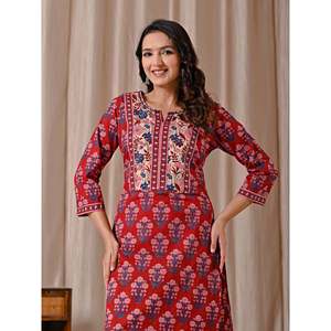 Conjunto de traje afegano para mujer, kurta de corte recto con estampado Red Butta Block - Product Image 1