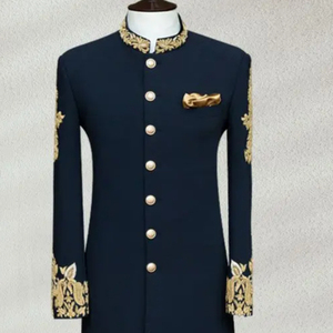 Stylish Embroidery on Sherwani with <b>Pant</b> & Matching Embroidery Shoe with Embellished Crystal Glass Beads,stone,dabka Work@2024 - Product Image 1