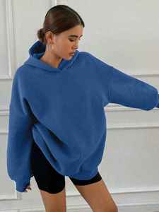 Sudadera con capucha de gran tamaño azul para mujer, jersey de lana de algodón, sudadera holgada de manga larga con hombros caídos, ropa de calle informal, ropa de invierno - Product Image 6