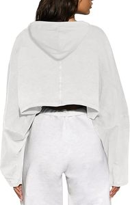 Sudadera Corta con Capucha para Mujer, Color Blanco Sólido, Manga Larga, Tejido de Algodón, Estilo Holgado, para Otoño - Product Image 2