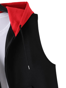 <b>Men's</b> Hooded Sleeveless <b>Vest</b> Solid Color Zipper Front Pocket Casual Outerwear Autumn Wear <b>Black</b> with Red Hood - Product Image 3