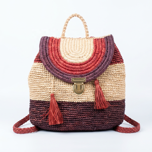 Mochila Ajustable de Rafia Hecha a Mano para Mujer, Bolso de Hombro con Borlas y Bloques de Color, de Capacidad Media para Compras Diarias - Product Image 1