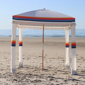 Auvent de soleil de luxe en polycoton rayé de 6,5 pieds pour l'extérieur, abri avec poteau en <span class=keywords><strong>bois</strong></span>, frange 100% coton, cabane de plage avec sac de rangement - Product Image 1