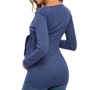 Cravate avant hauts femmes vêtements de maternité à manches longues col en V allaitement grossesse enveloppement coton chemise doux allaitement Blouse - Product Image 5