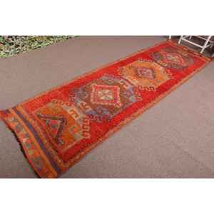 3x10.4 ft Vintage Rug, Turkish <b>Runner</b> Rug, <b>Red</b> Orange Animal Print Rug - Product Image 2