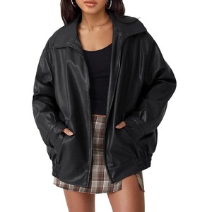 Femmes Automne Hiver Veste en cuir PU Loose Zipper Long Sleeve Jacket Coat Solid Color Fashion - Product Image 5