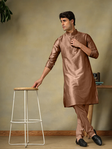 <b>Men</b> Brown Cotton Silk Kurta <b>Pajama</b> <b>Set</b> | Breathable Solid Regular Fit Summer Casual Designer Ethnic Wear for Festive & Daily Use - Product Image 4