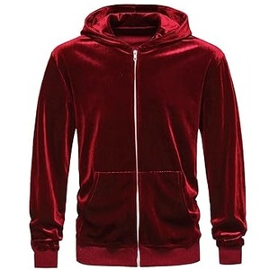 Custom Embroidered Maroon Color Zip <b>Velour</b> Hoodie Drop Shoulder Plus Size Breathable OEM Service - Product Image 1